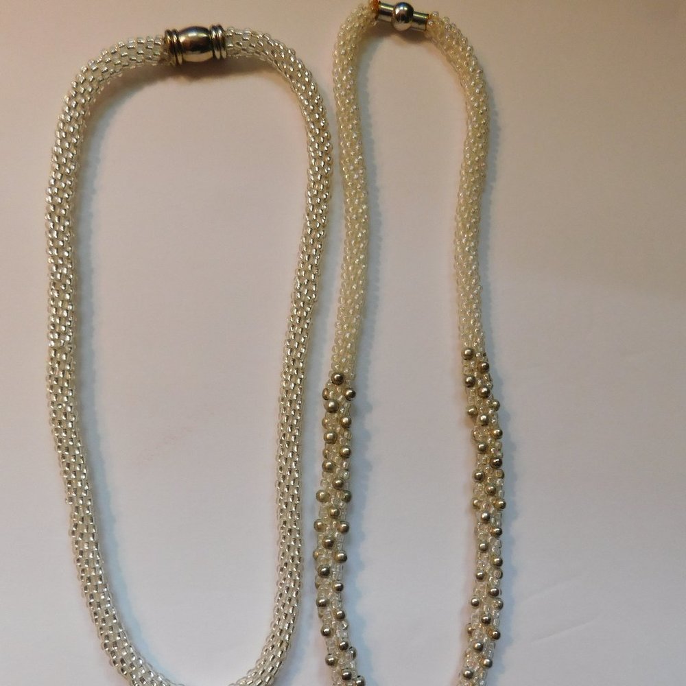 Vintage Lot of Two Beaded Necklaces White and Silver